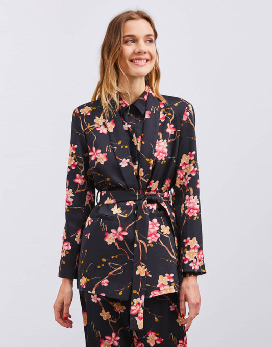 Midnight Blossom Belted Blazer