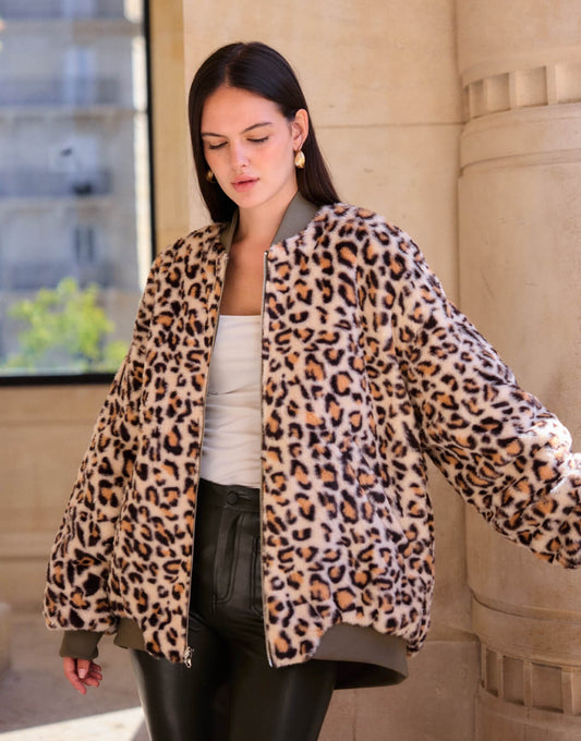 Reversible Khaki Leopard Bomber