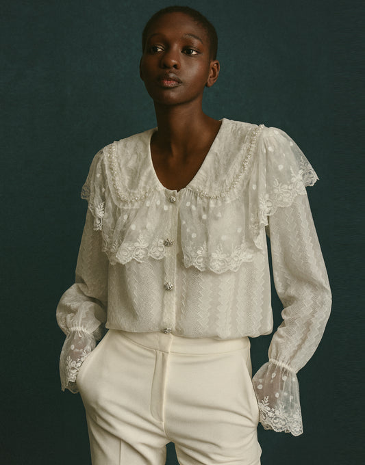 Embroidered Lace Yoke Blouse
