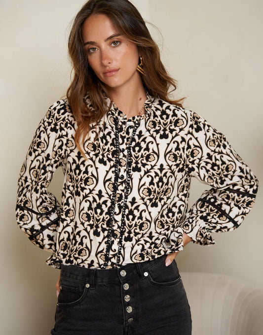Ruffle Trim Printed Blouse