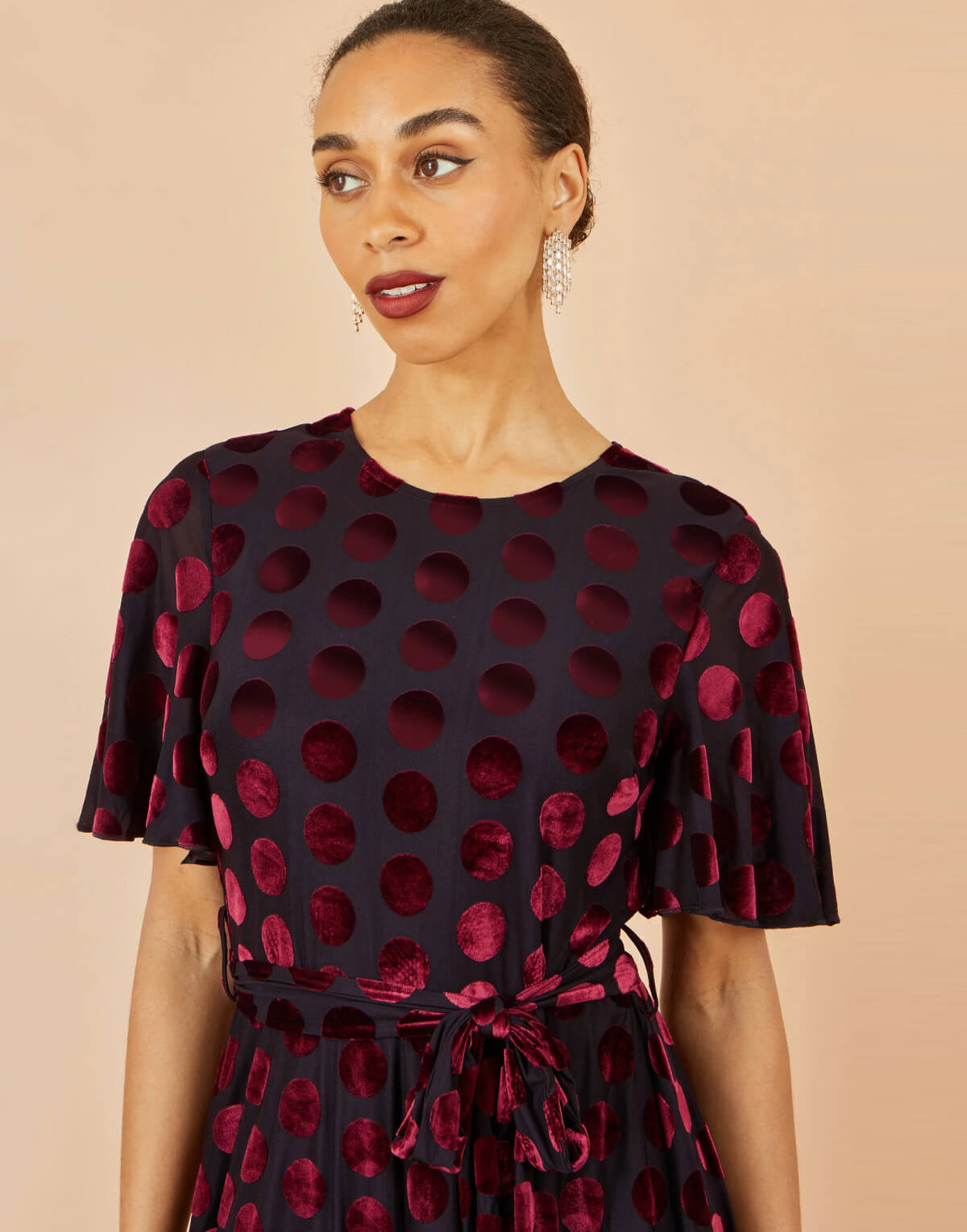 Burgundy Velour Spot Midi Dress