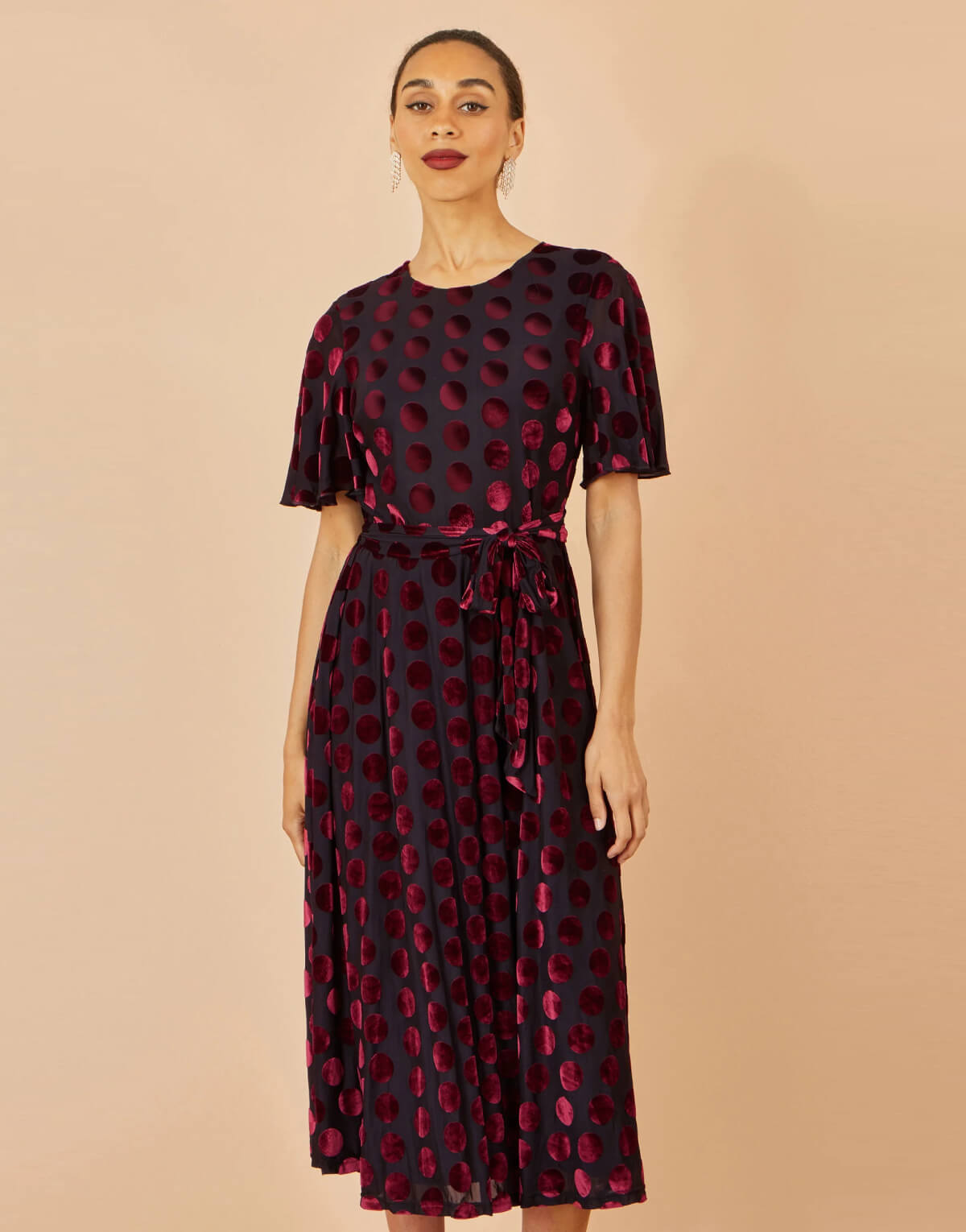 Burgundy Velour Spot Midi Dress