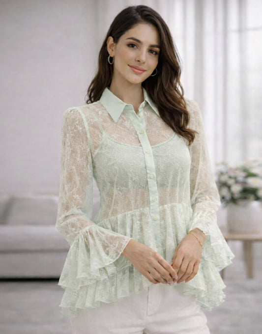 Sheer Lace Frill Blouse