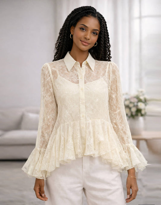 Sheer Lace Frill Blouse