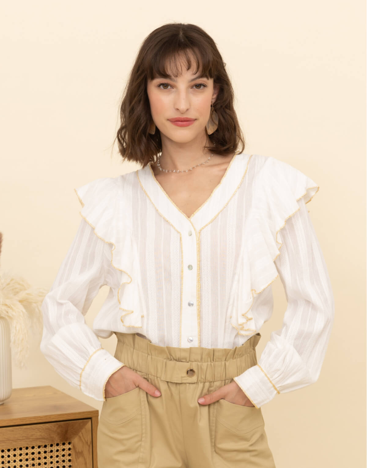 Gold Trim V-Neck Blouse