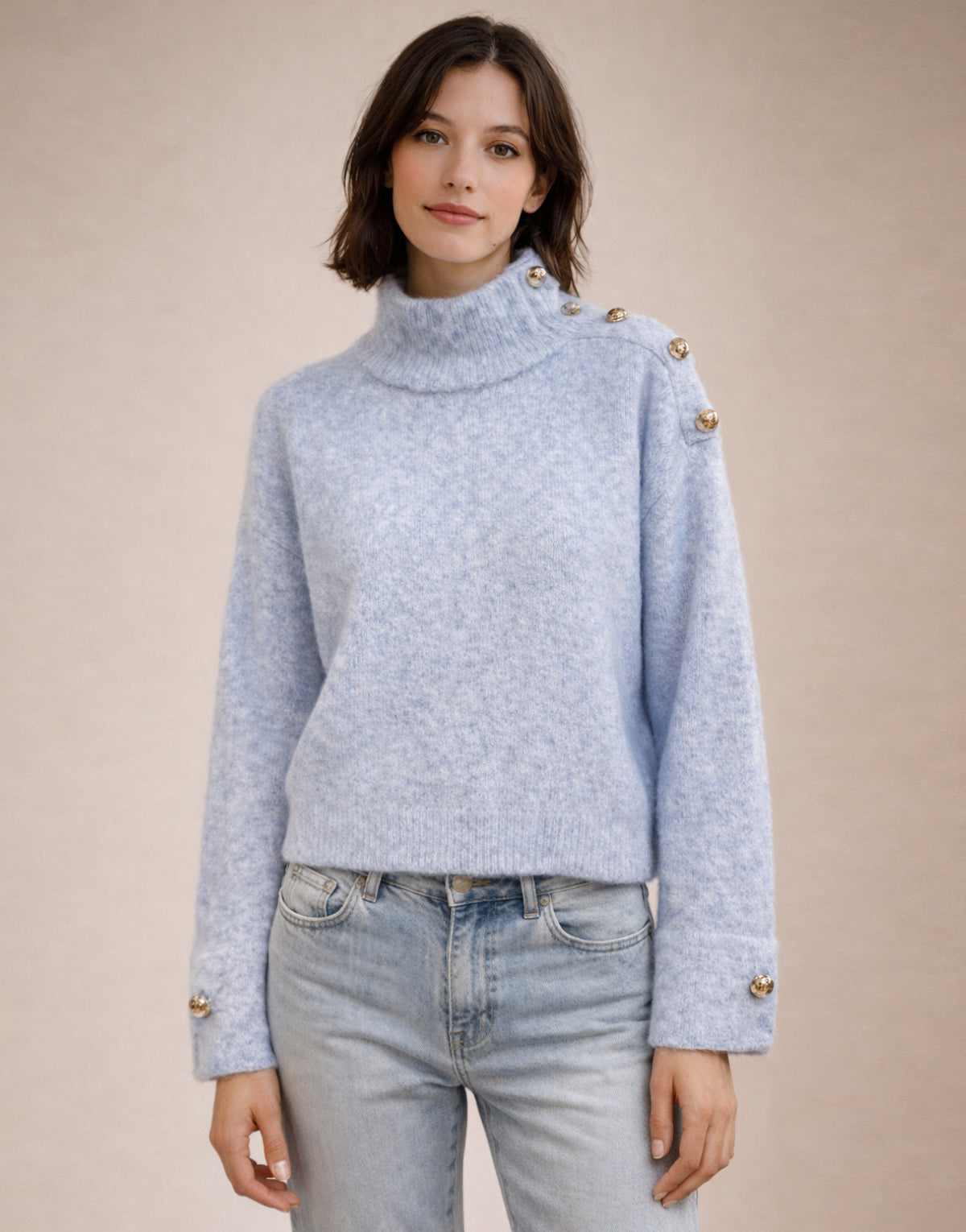 Gold Button Trim Crew Neck