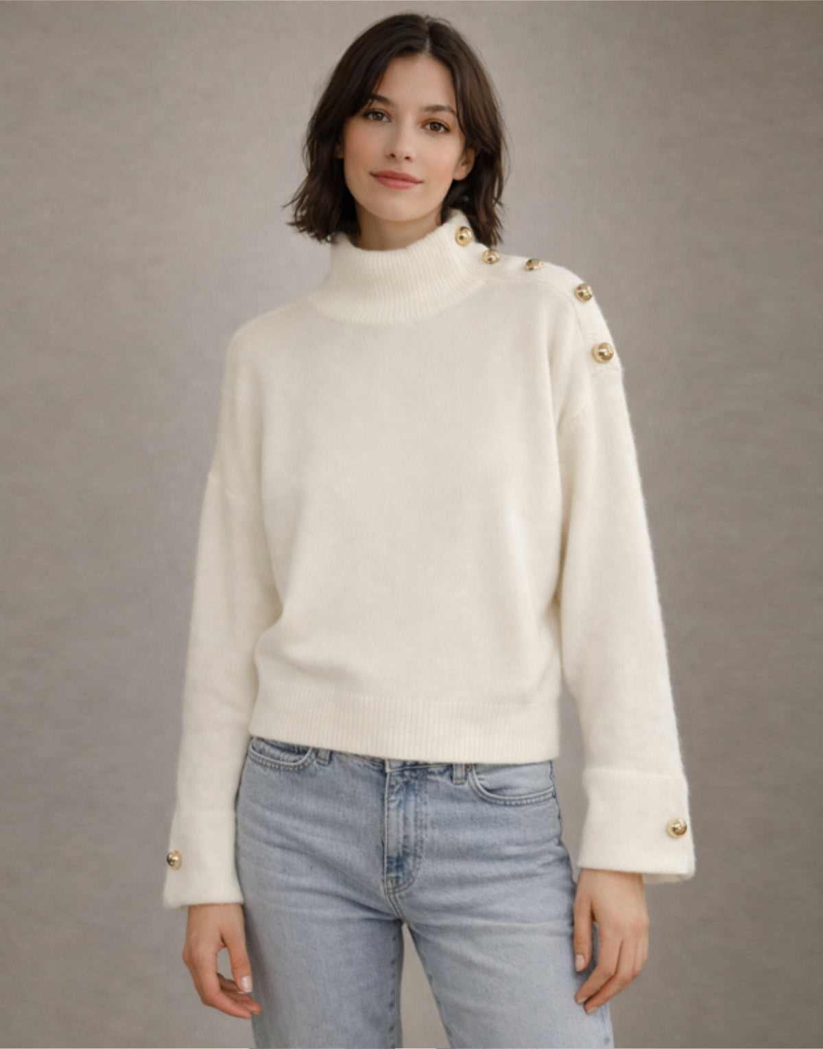 Gold Button Trim Crew Neck