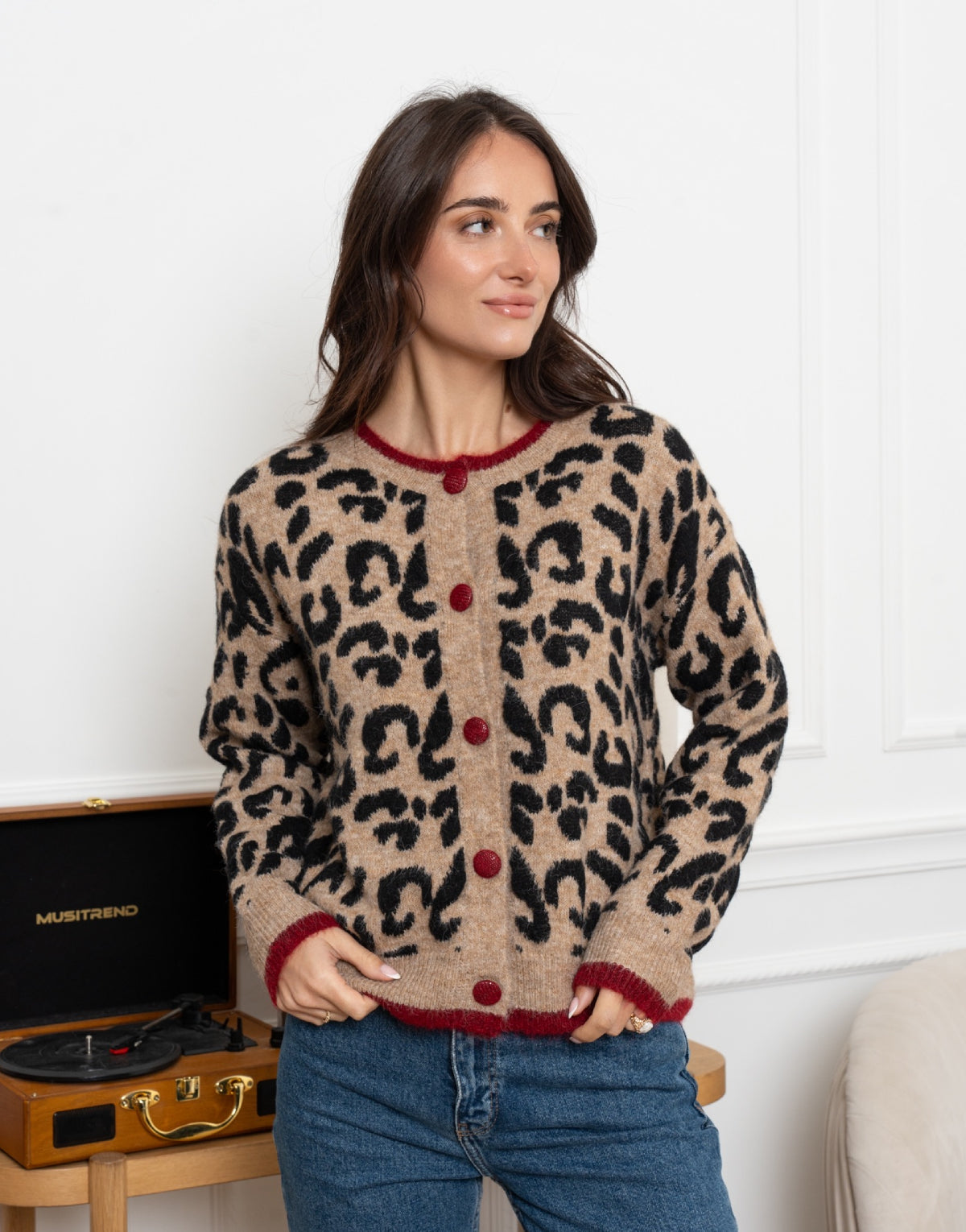 Contrast Trim Leopard Cardigan