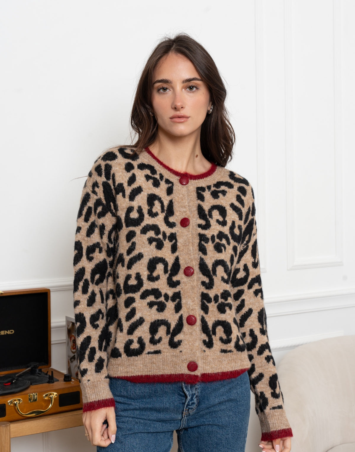 Contrast Trim Leopard Cardigan