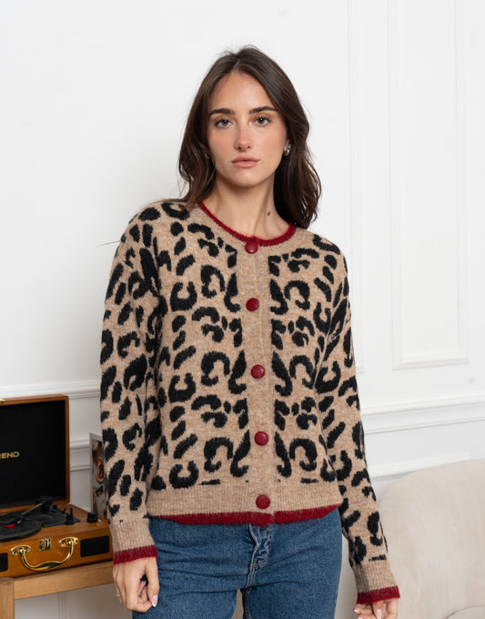 Contrast Trim Leopard Cardigan