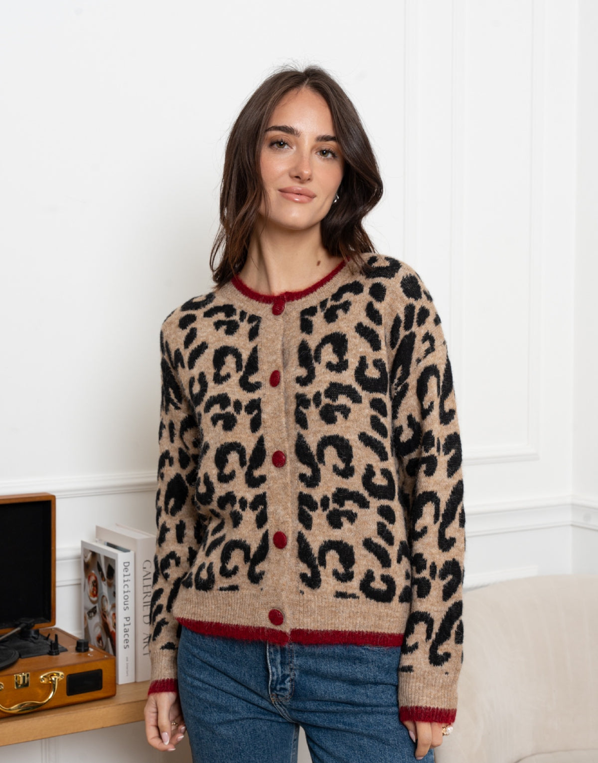 Contrast Trim Leopard Cardigan