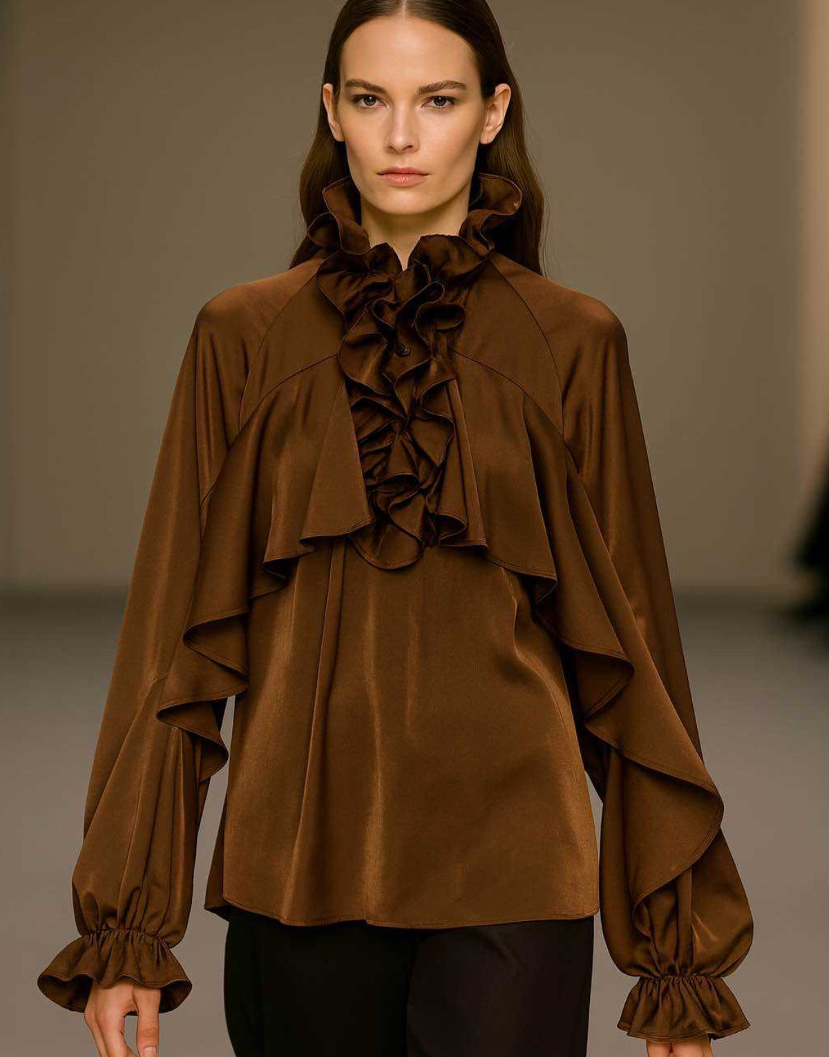 Chocolate Ruffle Neck Blouse