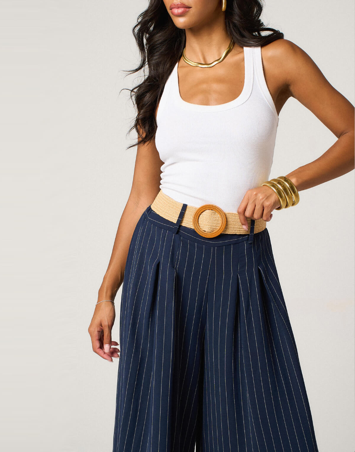 Pinstripe Box Pleat Trousers