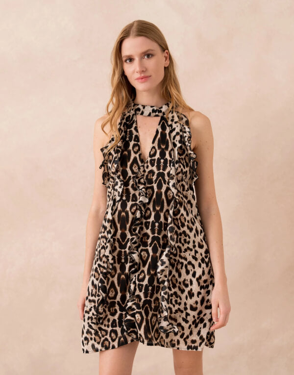 Leopard Print Halter Neck Ruffle Mini Dress