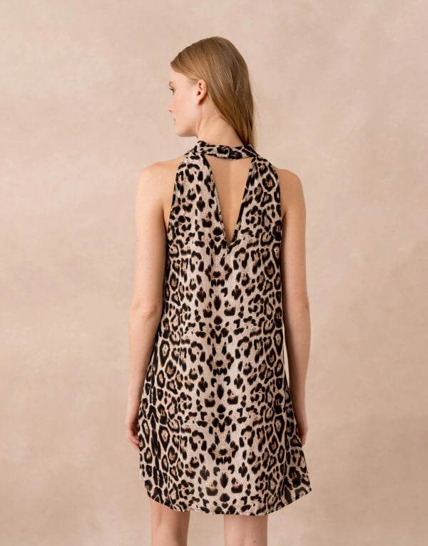 Leopard Print Halter Neck Ruffle Mini Dress