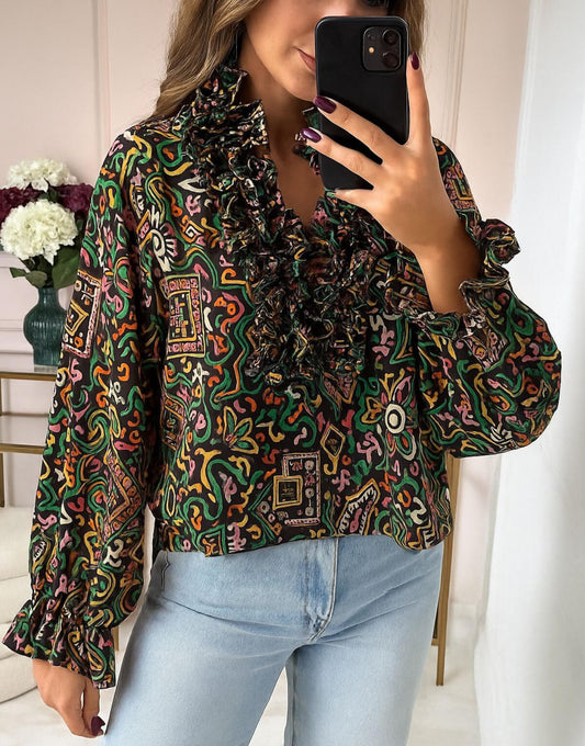 Retro Ruffle Neck Blouse