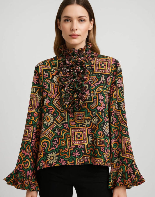 Retro Ruffle Neck Blouse