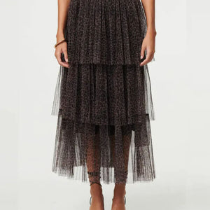 Animal Tiered Mesh Midi Skirt