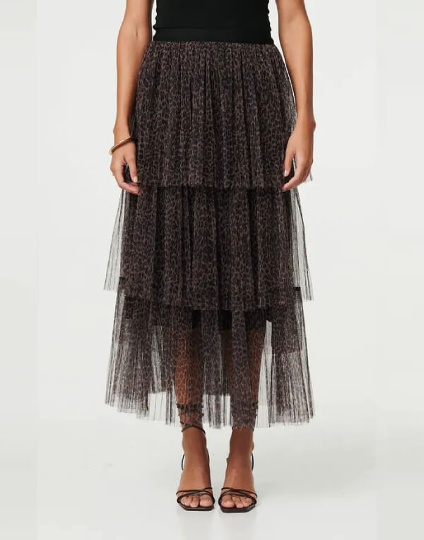 Animal Tiered Mesh Midi Skirt