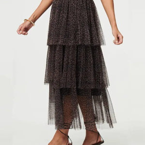 Animal Tiered Mesh Midi Skirt