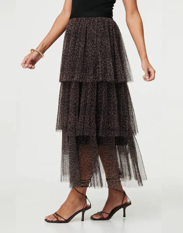 Animal Tiered Mesh Midi Skirt