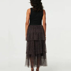 Animal Tiered Mesh Midi Skirt