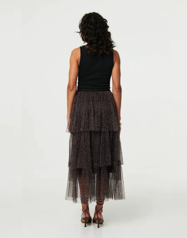 Animal Tiered Mesh Midi Skirt