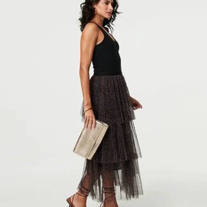 Animal Tiered Mesh Midi Skirt