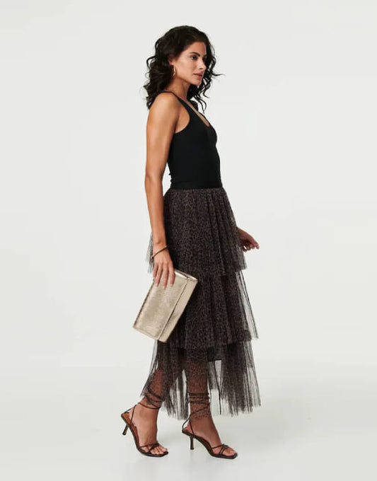Animal Tiered Mesh Midi Skirt