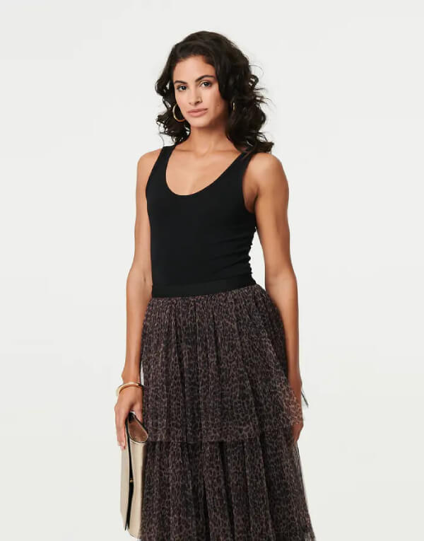 Animal Tiered Mesh Midi Skirt
