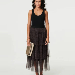 Animal Tiered Mesh Midi Skirt