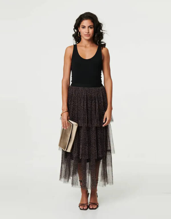 Animal Tiered Mesh Midi Skirt
