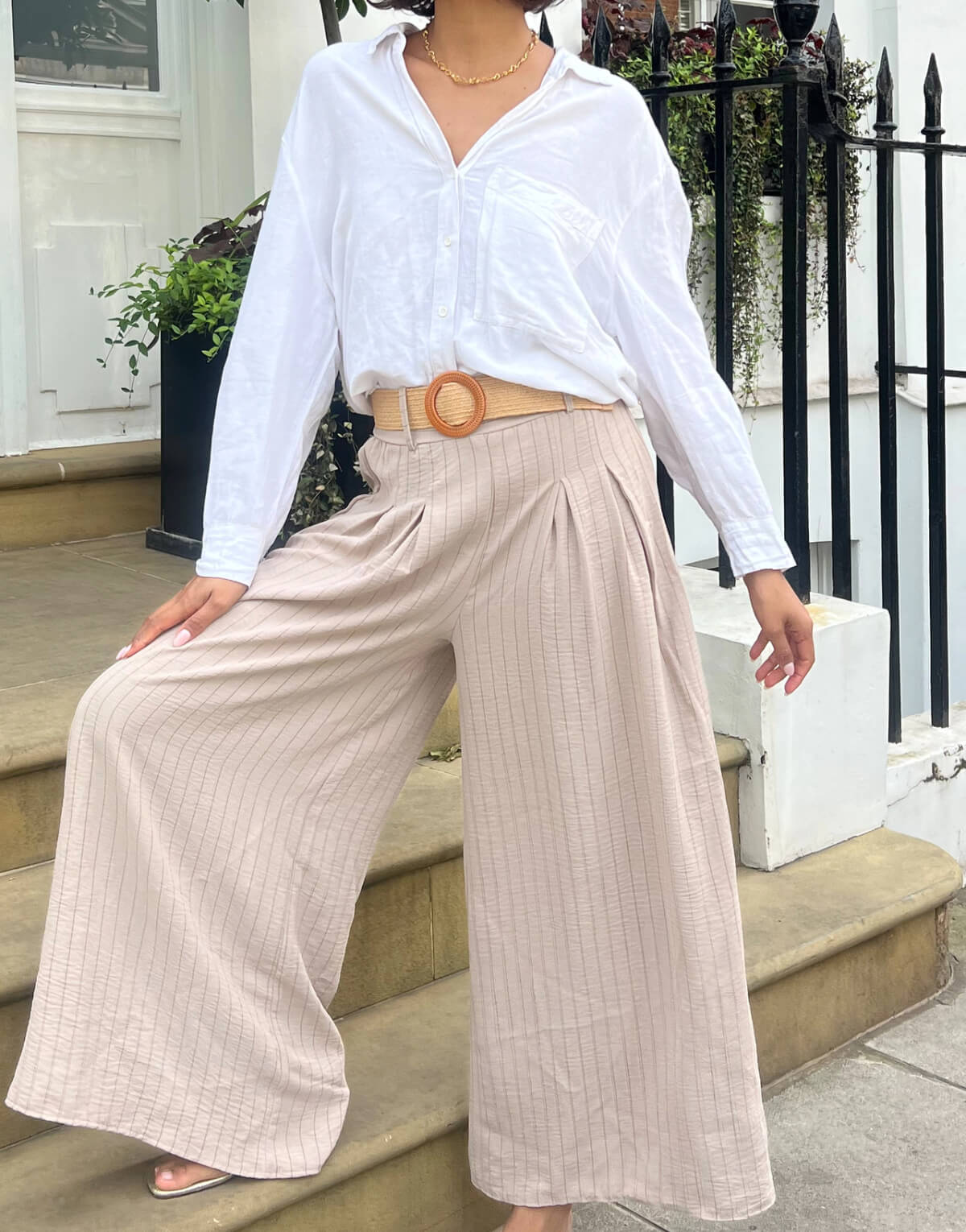 Pinstripe Box Pleat Trousers