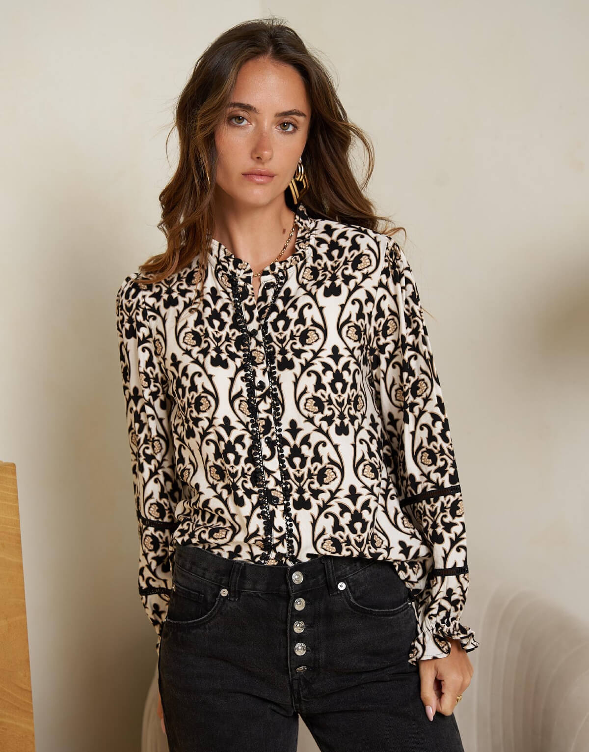 Ruffle Trim Printed Blouse
