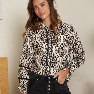 Ruffle Trim Printed Blouse