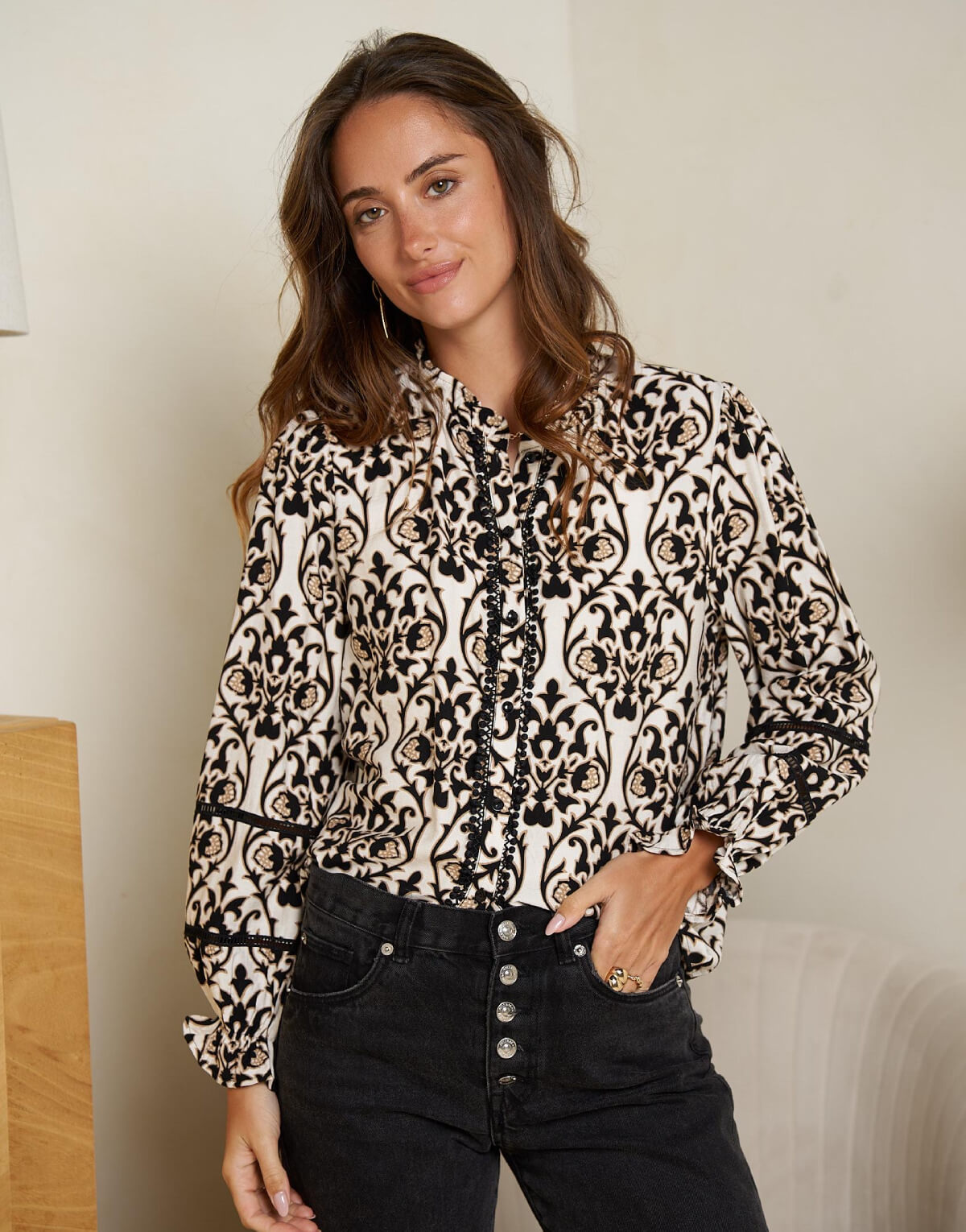 Ruffle Trim Printed Blouse