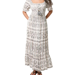 Floral Gold Detail Shirred Dress