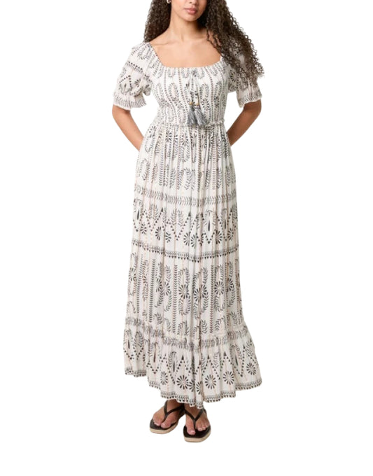 Floral Gold Detail Shirred Dress