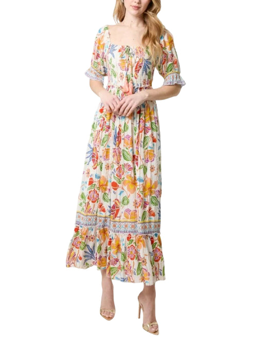 Tropical Floral Print Shirred Dress