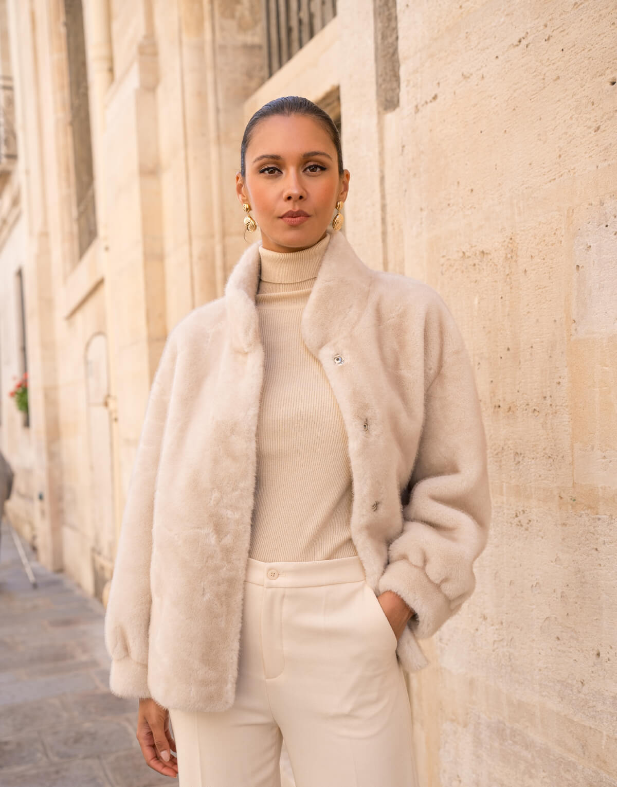 Funnel Neck Faux Fur Jacket